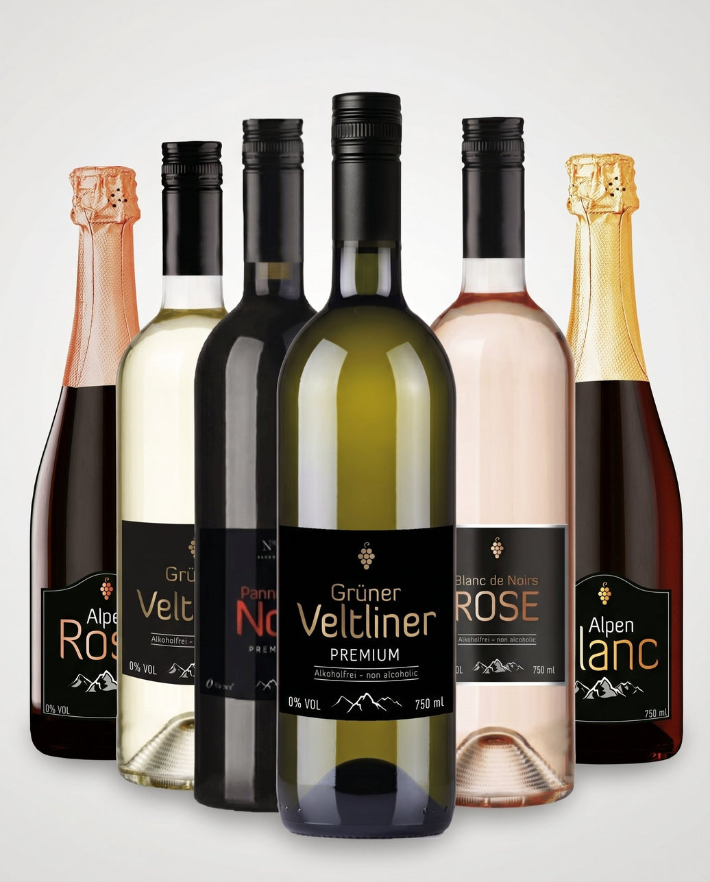 1 x N°0 Alpen Rosé 750 ml –
1 x N°0 Alpen Blanc 750 ml –
1 x N° 0 Grüner Veltliner light & dry 750 ml 
1 x N° 0 Grüner Veltliner Premium 750 ml –
1 x N° 0 Blanc de Noirs Rosé 750 ml – 
1 x N° 0 Pannonia Noir Premium 750 ml 
ALPENDRINK
SuperWINE